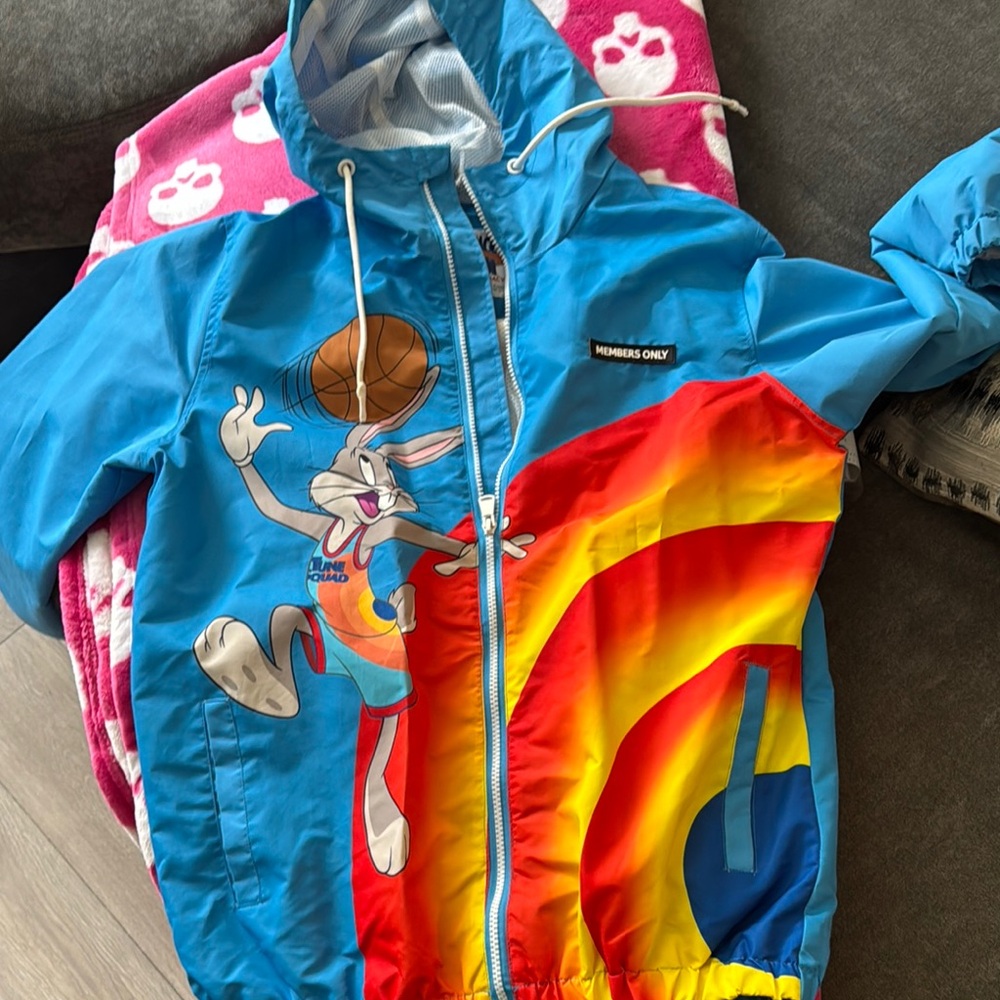 Members Only Blue and Red Windbreaker with Cartoon Graphic
